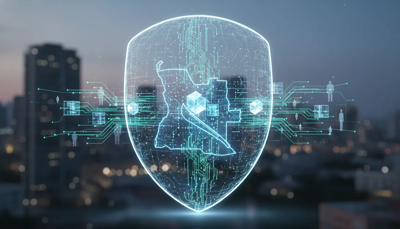 Ilustração digital da Nova Estratégia Nacional Cibersegurança, com ícones de proteção sobre um mapa de Angola e rede global.