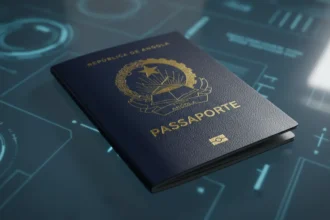 Novo Passaporte Eletrónico Angolano sobre documentos de viagem e caneta, ilustrando guia de agendamento e requisitos.