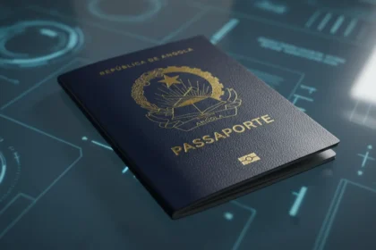Novo Passaporte Eletrónico Angolano sobre documentos de viagem e caneta, ilustrando guia de agendamento e requisitos.