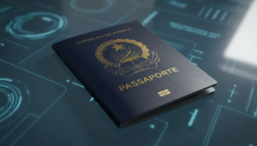 Novo Passaporte Eletrónico Angolano sobre documentos de viagem e caneta, ilustrando guia de agendamento e requisitos.