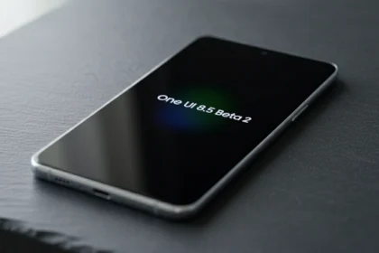 Fotografia macro de um smartphone premium com tela AMOLED exibindo a interface de atualização do sistema One UI 8.5 Beta 2, posicionado centralmente sobre uma superfície minimalista escura com iluminação cinematográfica.
