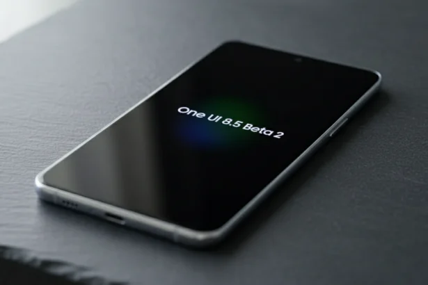 Fotografia macro de um smartphone premium com tela AMOLED exibindo a interface de atualização do sistema One UI 8.5 Beta 2, posicionado centralmente sobre uma superfície minimalista escura com iluminação cinematográfica.