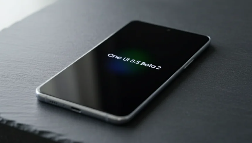 Fotografia macro de um smartphone premium com tela AMOLED exibindo a interface de atualização do sistema One UI 8.5 Beta 2, posicionado centralmente sobre uma superfície minimalista escura com iluminação cinematográfica.