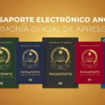 Passaporte Eletrónico Angolano aberto, exibindo o chip de segurança e um fundo digital com ícones de tecnologia e agendamento.
