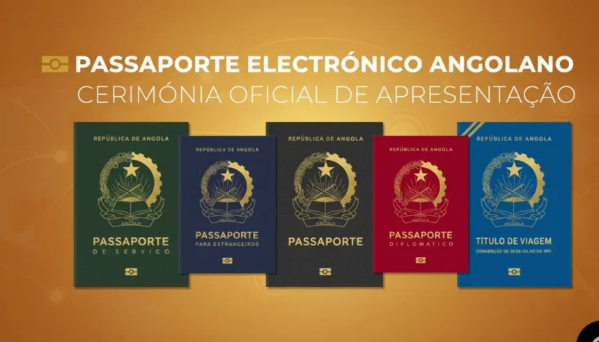 Passaporte Eletrónico Angolano: Segurança e Era Digital 1 Passaporte Eletrónico Angolano aberto, exibindo o chip de segurança e um fundo digital com ícones de tecnologia e agendamento.