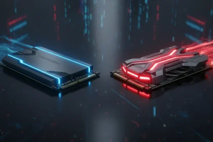 Gráfico de comparação entre PCIe 4.0 vs 5.0, destacando diferenças de velocidade e componentes.