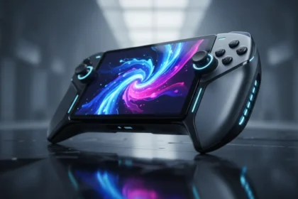 PlayStation 6 Portátil com tela acesa exibindo interface, design moderno e botões de controle integrados.