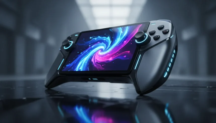 PlayStation 6 Portátil com tela acesa exibindo interface, design moderno e botões de controle integrados.