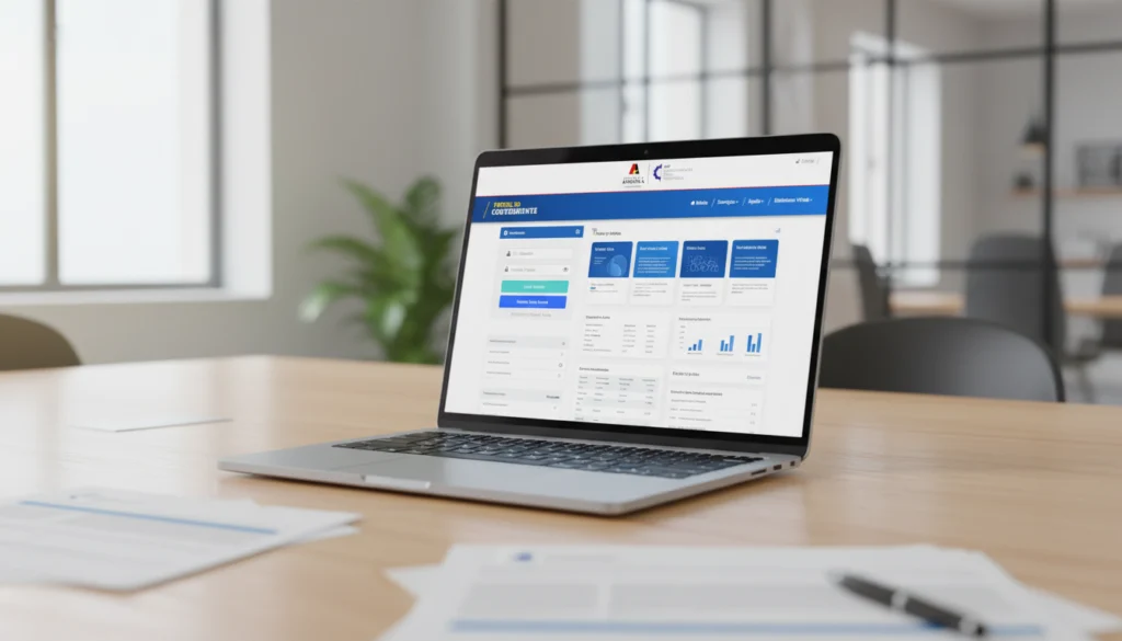 Foto de um laptop moderno em um escritório profissional exibindo a interface do Portal do Contribuinte com formulários de declaração de impostos e gráficos financeiros.