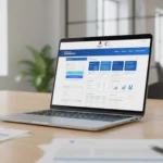 Foto de um laptop moderno em um escritório profissional exibindo a interface do Portal do Contribuinte com formulários de declaração de impostos e gráficos financeiros.