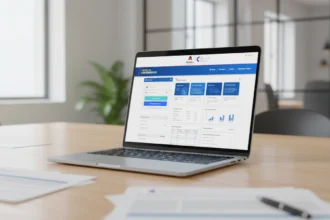 Foto de um laptop moderno em um escritório profissional exibindo a interface do Portal do Contribuinte com formulários de declaração de impostos e gráficos financeiros.