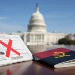 Visto americano com carimbo de proibido, representando as novas Restrições de entrada nos EUA que afetam angolanos.