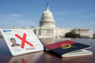 Visto americano com carimbo de proibido, representando as novas Restrições de entrada nos EUA que afetam angolanos.