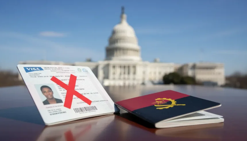 Restrições de entrada nos EUA: Angola na nova lista de bloqueio 1 Visto americano com carimbo de proibido, representando as novas Restrições de entrada nos EUA que afetam angolanos.