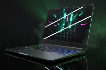 Notebook gamer ROG Zephyrus G16 2025 aberto em um setup moderno, exibindo design ultrafino e teclado retroiluminado RGB.