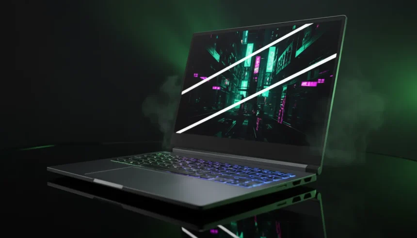 Notebook gamer ROG Zephyrus G16 2025 aberto em um setup moderno, exibindo design ultrafino e teclado retroiluminado RGB.