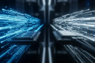 Dispositivos SSD SATA e NVMe lado a lado, ilustrando visualmente a diferença brutal de velocidade em SSD SATA vs NVMe