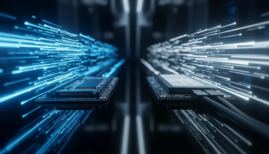 Dispositivos SSD SATA e NVMe lado a lado, ilustrando visualmente a diferença brutal de velocidade em SSD SATA vs NVMe