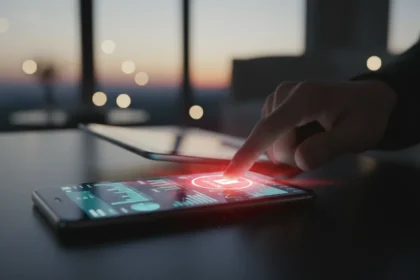 Telemóvel roubado com app bancária aberta, mostrando tela de alerta e urgência