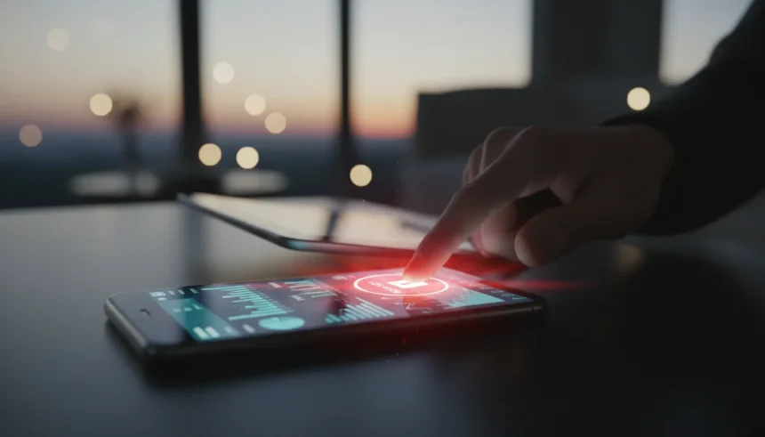 Telemóvel roubado com app bancária: O erro que custa tudo (Guia Urgente) 1 Telemóvel roubado com app bancária aberta, mostrando tela de alerta e urgência