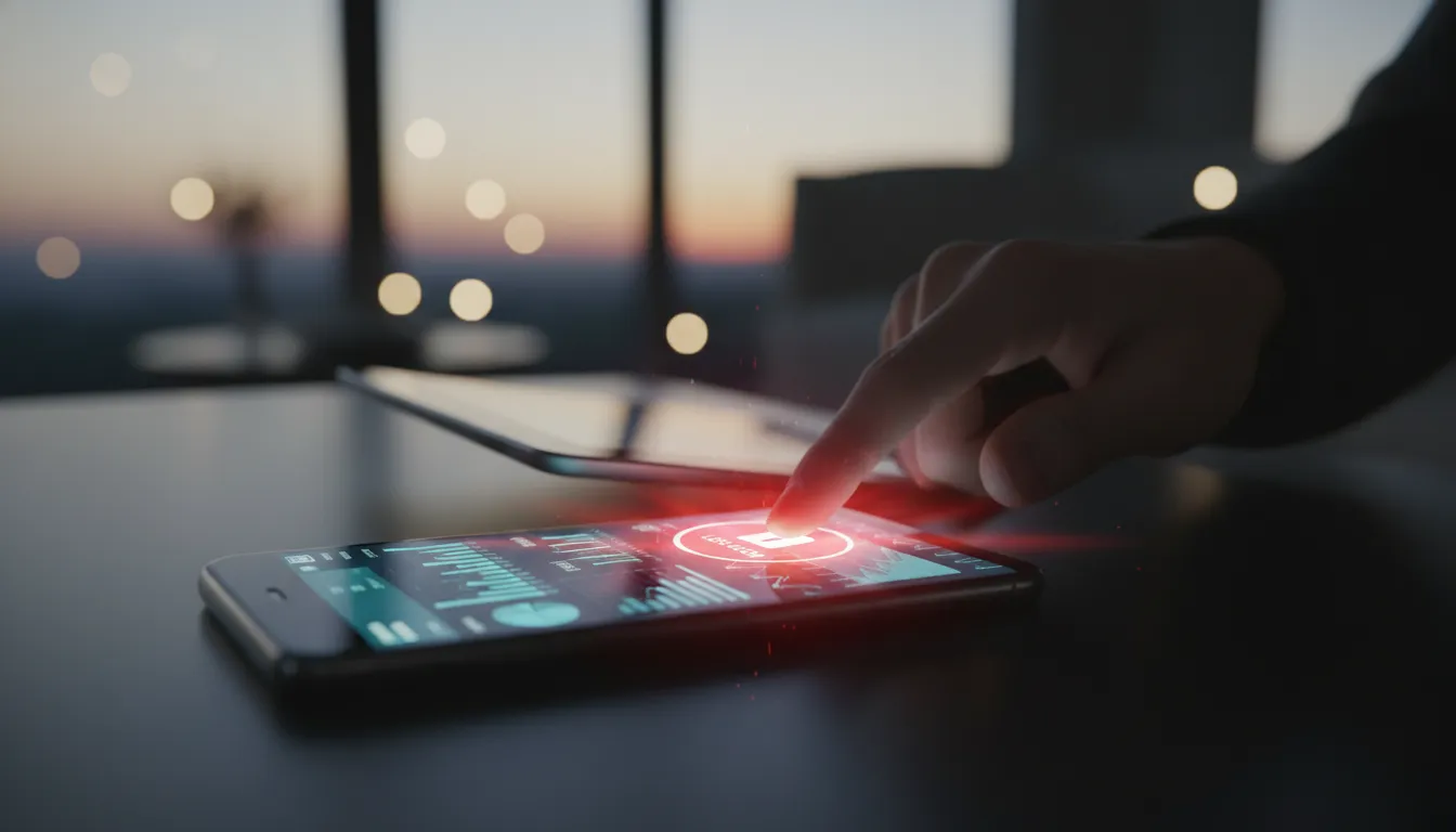 Telemóvel roubado com app bancária aberta, mostrando tela de alerta e urgência