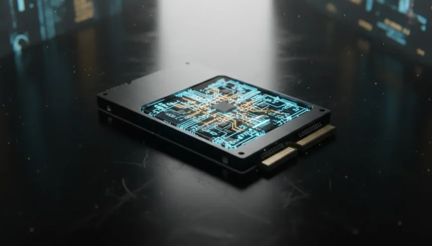 Vida Útil do SSD: 5 Segredos Ocultos Para Seu Disco Durar Anos 1 SSD em close-up com ícones de manutenção, destacando 5 segredos para otimizar a Vida Útil do SSD