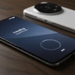 Fotografia jornalística em close-up do smartphone Xiaomi 13 Ultra sobre uma superfície de carvalho escuro, exibindo a tela de instalação do HyperOS 3 e detalhes do módulo de câmera Leica com textura de couro vegano.