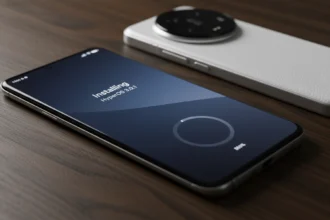 Fotografia jornalística em close-up do smartphone Xiaomi 13 Ultra sobre uma superfície de carvalho escuro, exibindo a tela de instalação do HyperOS 3 e detalhes do módulo de câmera Leica com textura de couro vegano.