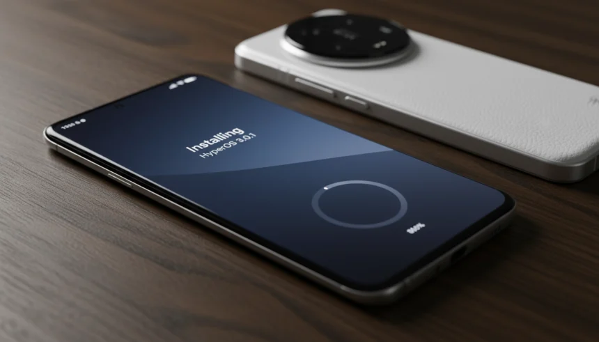 Fotografia jornalística em close-up do smartphone Xiaomi 13 Ultra sobre uma superfície de carvalho escuro, exibindo a tela de instalação do HyperOS 3 e detalhes do módulo de câmera Leica com textura de couro vegano.