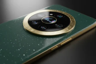 Painel traseiro do Xiaomi 17 Ultra verde Starry Sky com módulo de câmera Leica circular, borda dourada e luz cinematográfica.