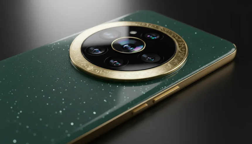Painel traseiro do Xiaomi 17 Ultra verde Starry Sky com módulo de câmera Leica circular, borda dourada e luz cinematográfica.