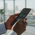 Smartphone exibe 5 Apps para gerir finanças pessoais em Kwanzas com gráficos de controle de gastos e moedas angolanas.