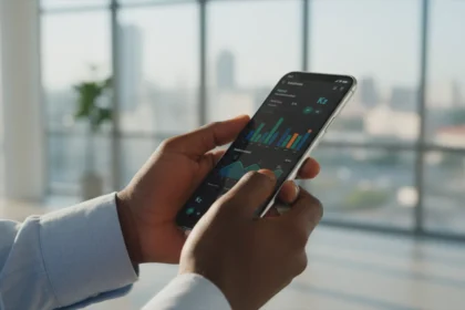 Smartphone exibe 5 Apps para gerir finanças pessoais em Kwanzas com gráficos de controle de gastos e moedas angolanas.