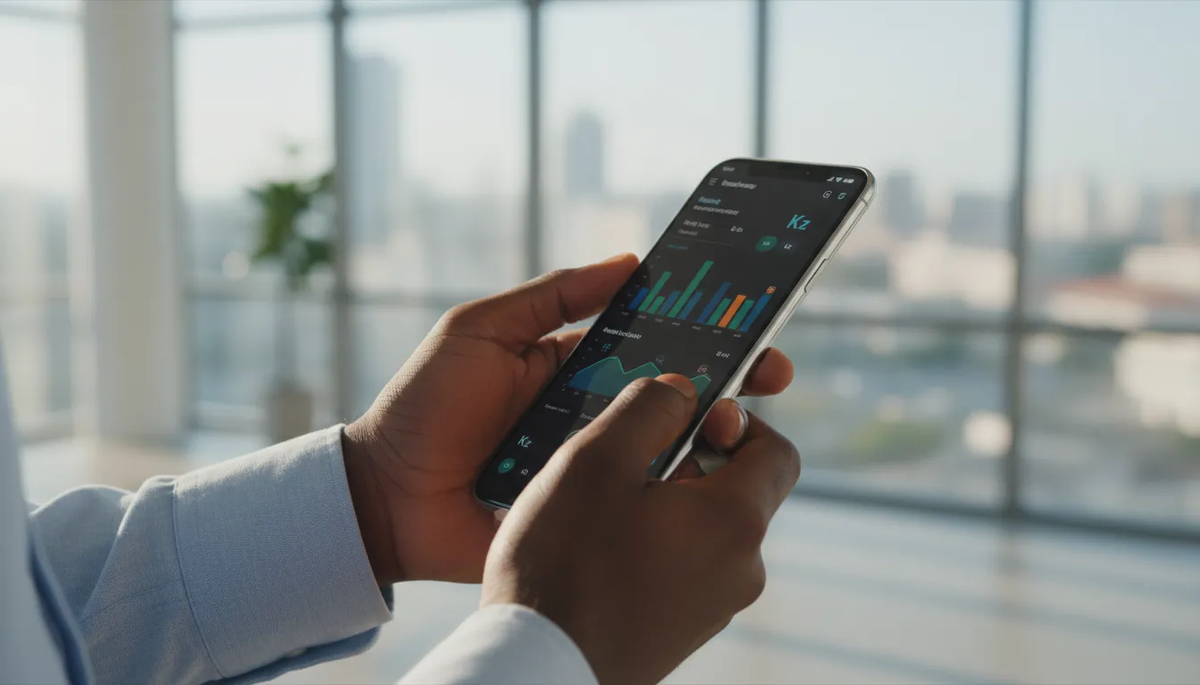 Smartphone exibe 5 Apps para gerir finanças pessoais em Kwanzas com gráficos de controle de gastos e moedas angolanas.