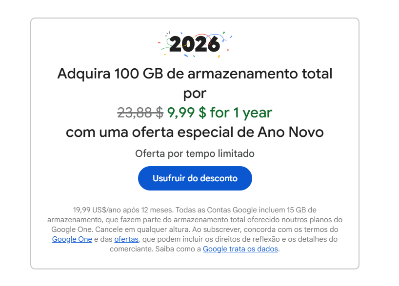 Promoção de janeiro: Google One disponibiliza 100 GB por $9,99/ano para utilizadores selecionados 2 Captura de ecra 2026 01 06 185819