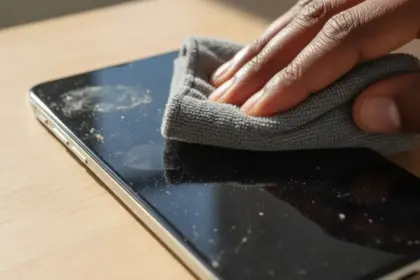 Smartphone com ilustrações de germes e um kit de higiene. Entenda as bactérias no telemóvel e como limpar.