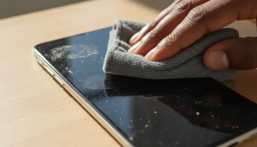 Smartphone com ilustrações de germes e um kit de higiene. Entenda as bactérias no telemóvel e como limpar.