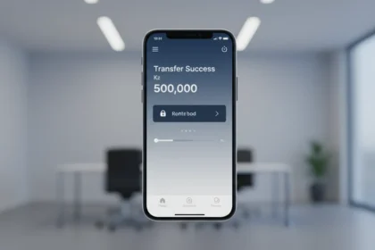Tela de smartphone mostrando como fazer uma transferencia no Multicaixa Express e o novo limite de 500 mil Kz.