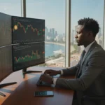 Infográfico detalhando como funciona o mercado de criptomoedas em Angola com ícones de moedas e gráficos financeiros.