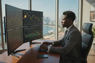 Infográfico detalhando como funciona o mercado de criptomoedas em Angola com ícones de moedas e gráficos financeiros.