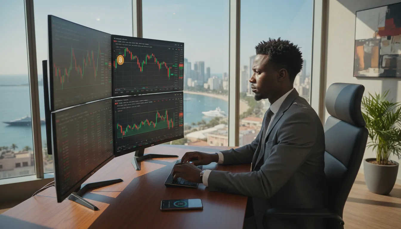 Infográfico detalhando como funciona o mercado de criptomoedas em Angola com ícones de moedas e gráficos financeiros.