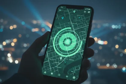 Interface do app Buscar com mapa indicando como localizar iPhone roubado e botão para ativar o Modo Perdido.