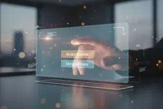 Banner sobre cookies de sites com opções de aceitar ou recusar e ícone de cadeado para privacidade e segurança.