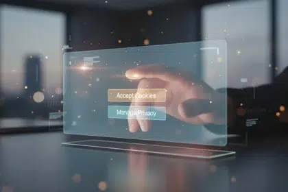 Banner sobre cookies de sites com opções de aceitar ou recusar e ícone de cadeado para privacidade e segurança.