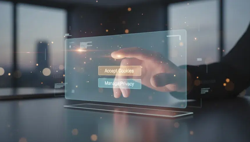 Banner sobre cookies de sites com opções de aceitar ou recusar e ícone de cadeado para privacidade e segurança.