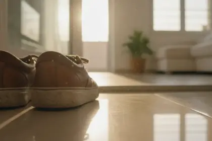 Pessoa retirando o calçado na entrada. É vital descalçar os sapatos à porta de casa para evitar bactérias e toxinas.