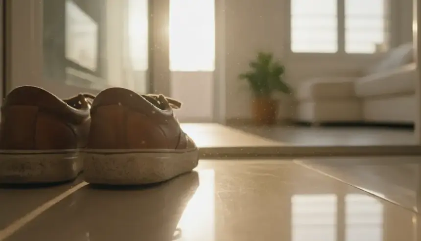 Pessoa retirando o calçado na entrada. É vital descalçar os sapatos à porta de casa para evitar bactérias e toxinas.