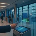 Uma fotografia realista de um viajante segurando um passaporte eletrônico ao lado de um terminal digital em um aeroporto europeu, exibindo na tela o logotipo azul da autorização ETIAS com o texto informativo de sistema ativo em 2026.
