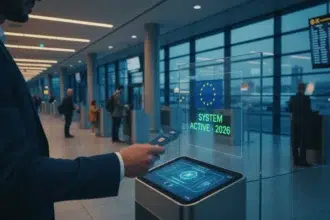 Uma fotografia realista de um viajante segurando um passaporte eletrônico ao lado de um terminal digital em um aeroporto europeu, exibindo na tela o logotipo azul da autorização ETIAS com o texto informativo de sistema ativo em 2026.