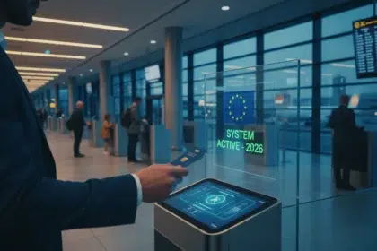 Uma fotografia realista de um viajante segurando um passaporte eletrônico ao lado de um terminal digital em um aeroporto europeu, exibindo na tela o logotipo azul da autorização ETIAS com o texto informativo de sistema ativo em 2026.